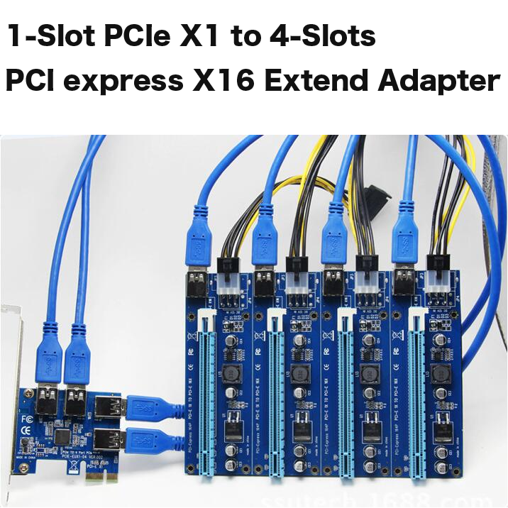 1-Slot PCIe X1 to 4-Slots PCI express X16 Extend Adapter Riser 